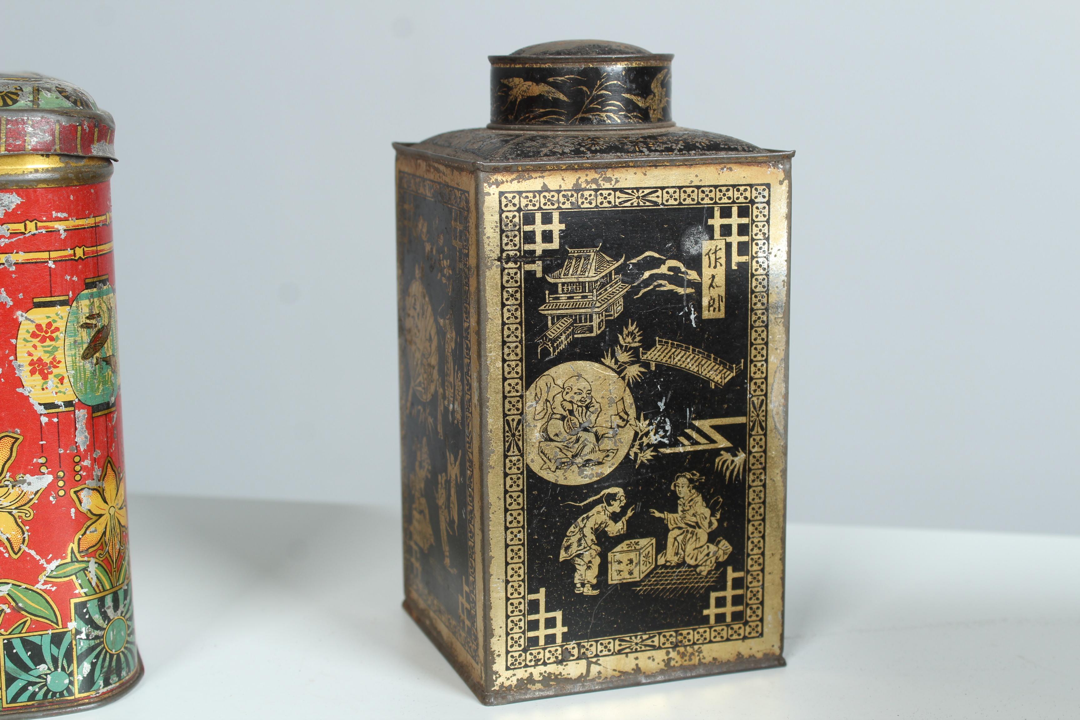Set von 8 antiken asiatischen Zinndosen aus Frankreich, Jugendstil, Art déco, Tee-Tindosen im Angebot 4