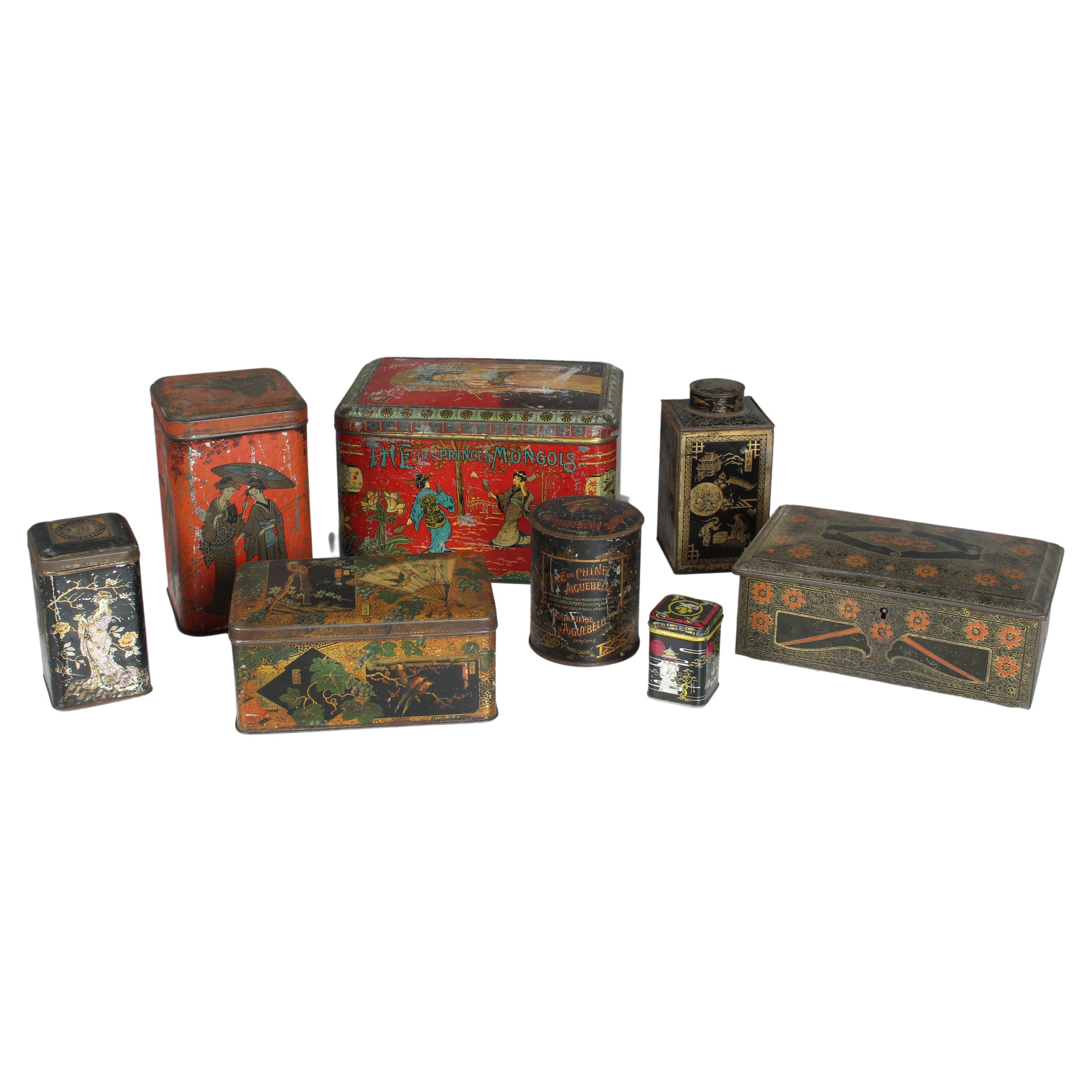 Set von 8 antiken asiatischen Zinndosen aus Frankreich, Jugendstil, Art déco, Tee-Tindosen im Angebot