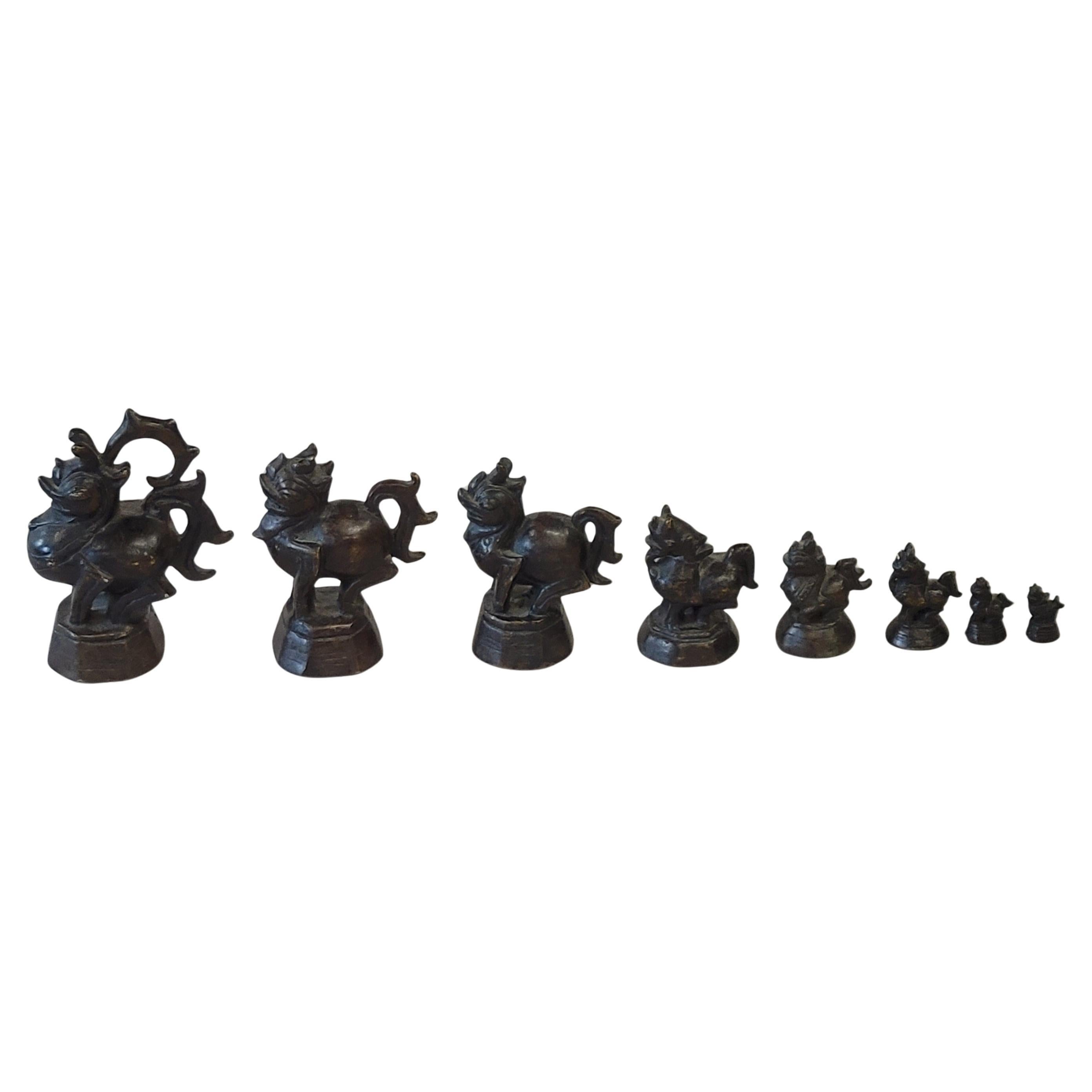 Set of 8 Antique Burmese Dragon Bronze Opium Weights