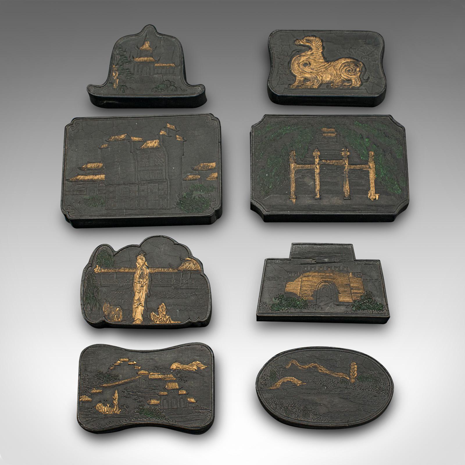 Set of 8 Antique Calligraphic Ink Blocks, Chinese, Boxed, Printing, Victorian In Good Condition For Sale In Hele, Devon, GB
