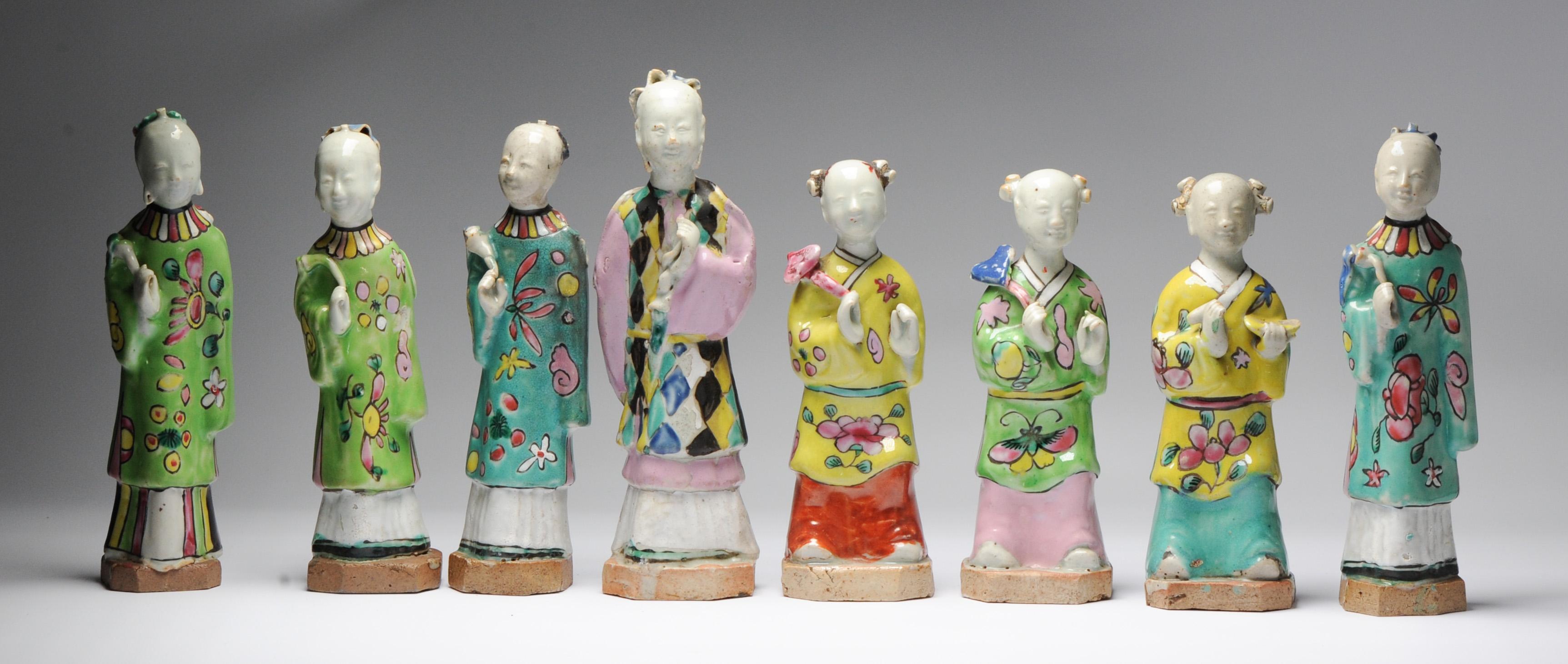 Description

An unusual set of 8 Chinese export porcelain Famille Rose statues. Qianlong/Jiaqing period.

Condition
All damages have been pictured. some small part missing, some frits, some missing enamel. Nothing serious. Size

Period
18th