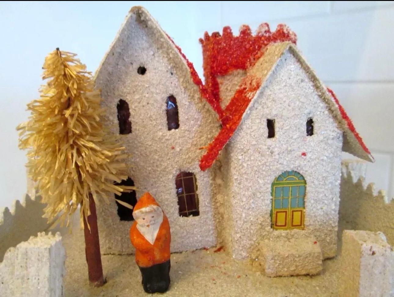 8 Antique Christmas Putz Houses
Here we have from the local estate of the original owner a VERY Rare group of 8 Large Putz Houses in their original box.  At first I thought that they might not have ever been removed from the box or used because of