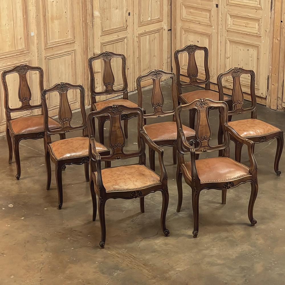 Set of 8 Antique Country French dining chairs includes 2 Armchairs are the perfect choice to add a casual yet sophisticated provincial charm to your dining experience! The exquisite natural grain of the wood has been left to shine forth in the