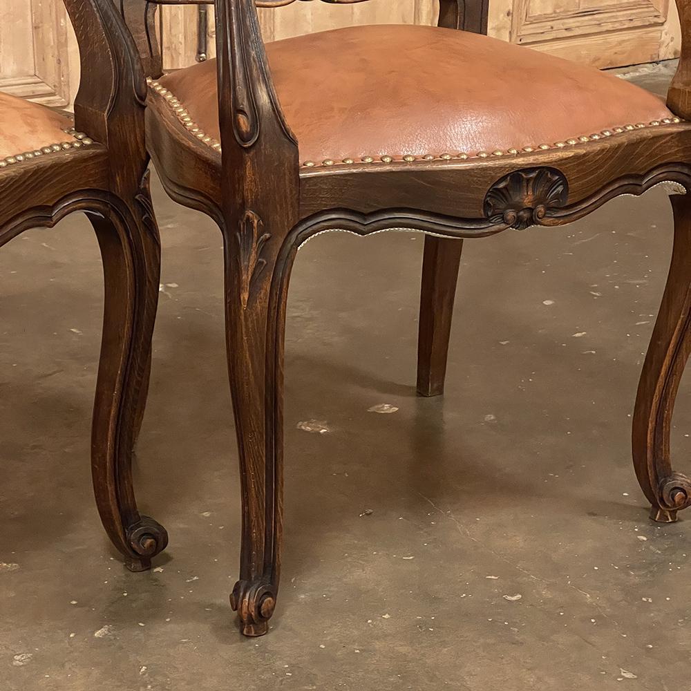 Faux Leather Set of 8 Antique Country French Dining Chairs includes 2 Armchairs For Sale