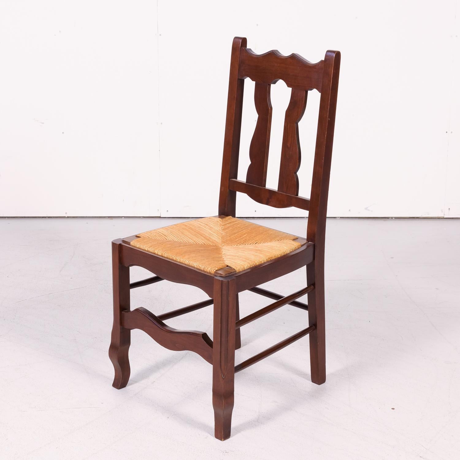 Set of 8 Antique Country French Hand Carved Oak Dining Chairs with Rush Seats 3