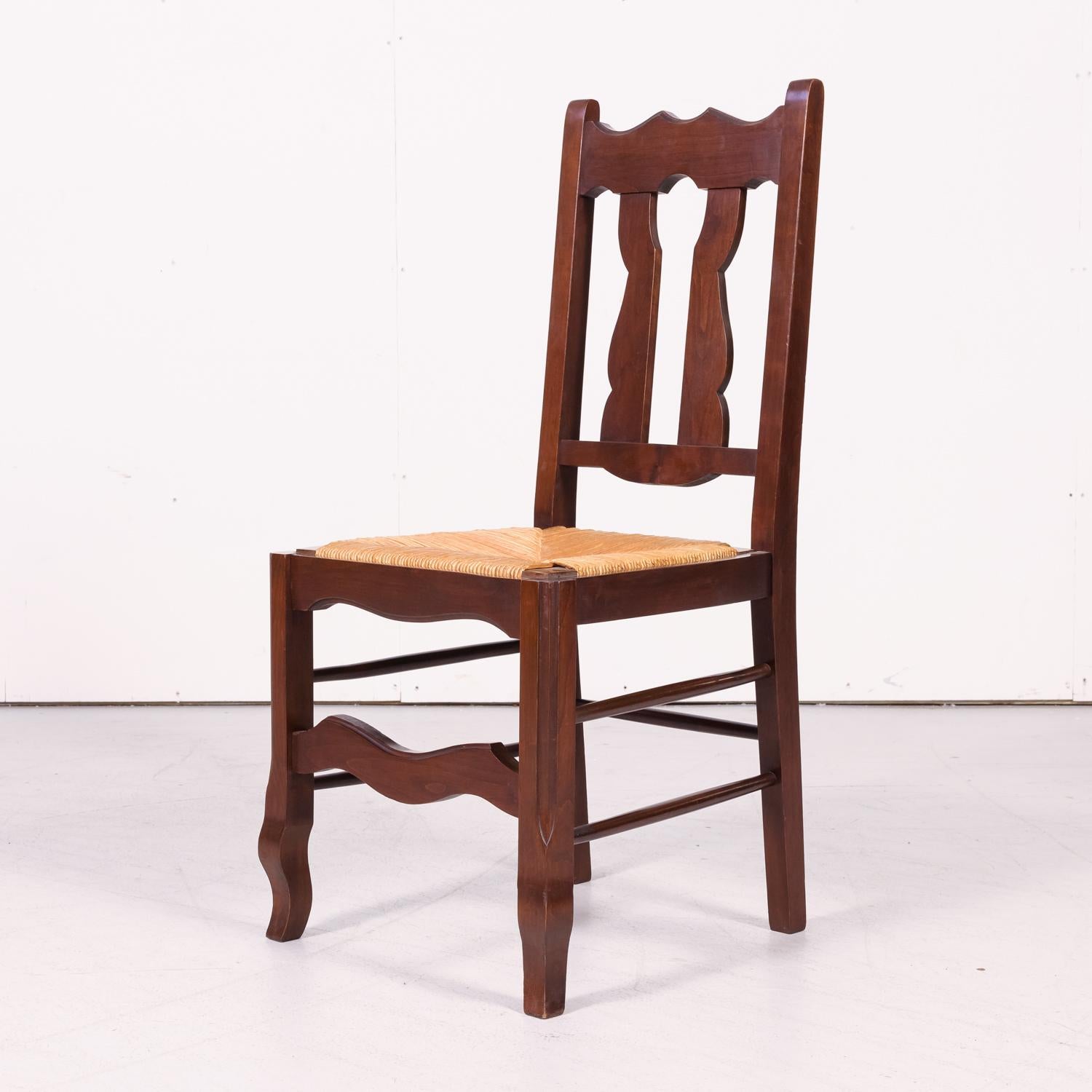 Set of 8 Antique Country French Hand Carved Oak Dining Chairs with Rush Seats 4