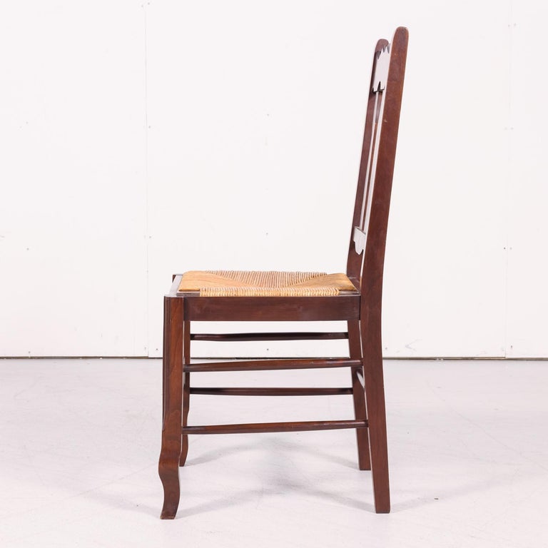 Set of 8 Antique Country French Hand Carved Oak Dining Chairs with Rush