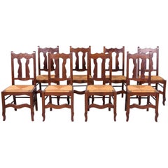 Set of 8 Antique Country French Hand Carved Oak Dining Chairs with Rush Seats