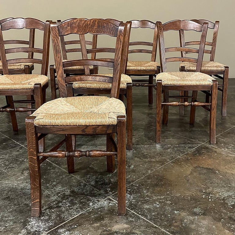 Set of 8 Antique Country French Rush Seat Dining Chairs For Sale at 1stDibs