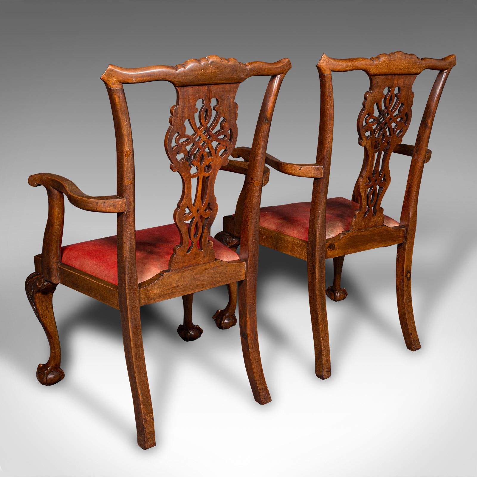 British Set Of 8 Antique Dining Chairs, English, Leather, Chippendale Revival, Victorian