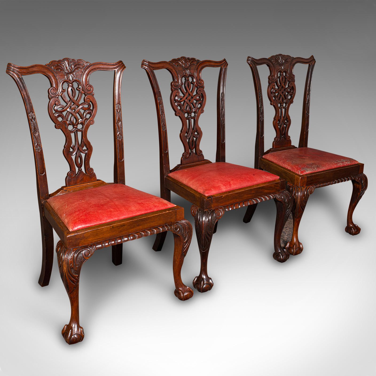 Set Of 8 Antique Dining Chairs, English, Leather, Chippendale Revival, Victorian 1