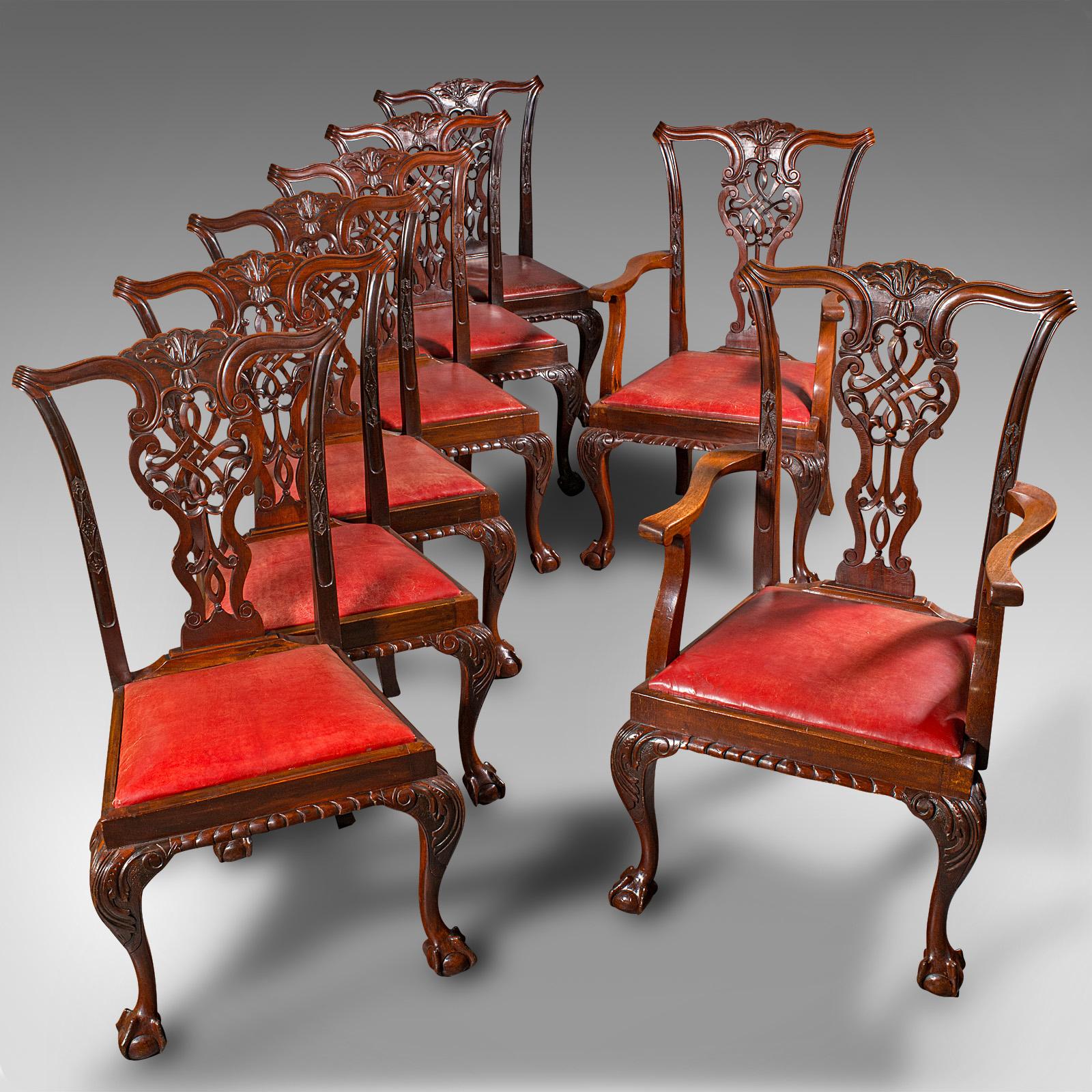 Set Of 8 Antique Dining Chairs, English, Leather, Chippendale Revival, Victorian 3