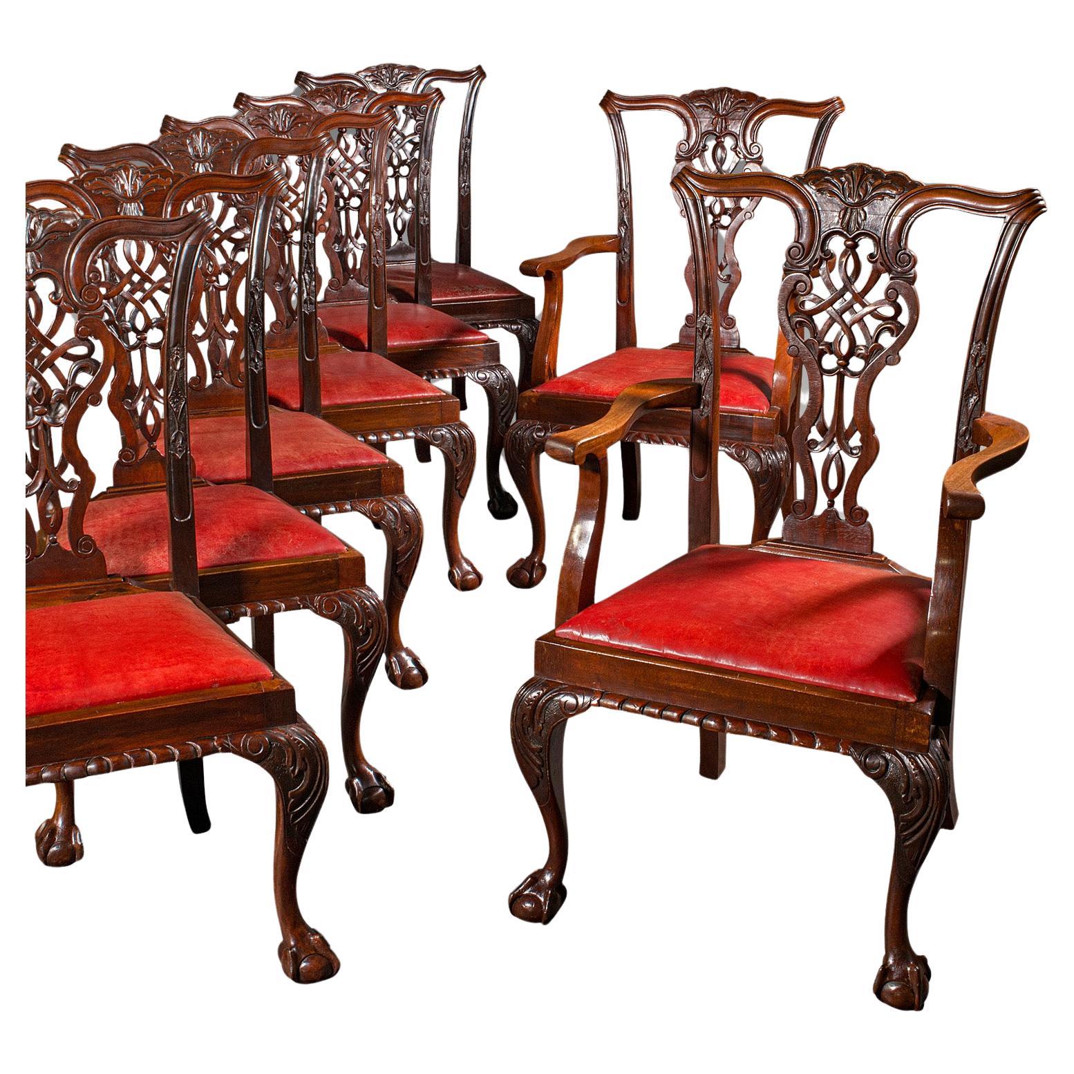 Set Of 8 Antique Dining Chairs, English, Leather, Chippendale Revival, Victorian