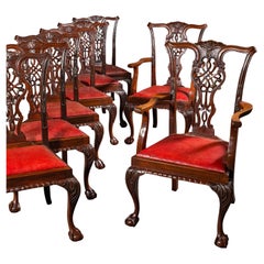 Set Of 8 Antique Dining Chairs, English, Leather, Chippendale Revival, Victorian