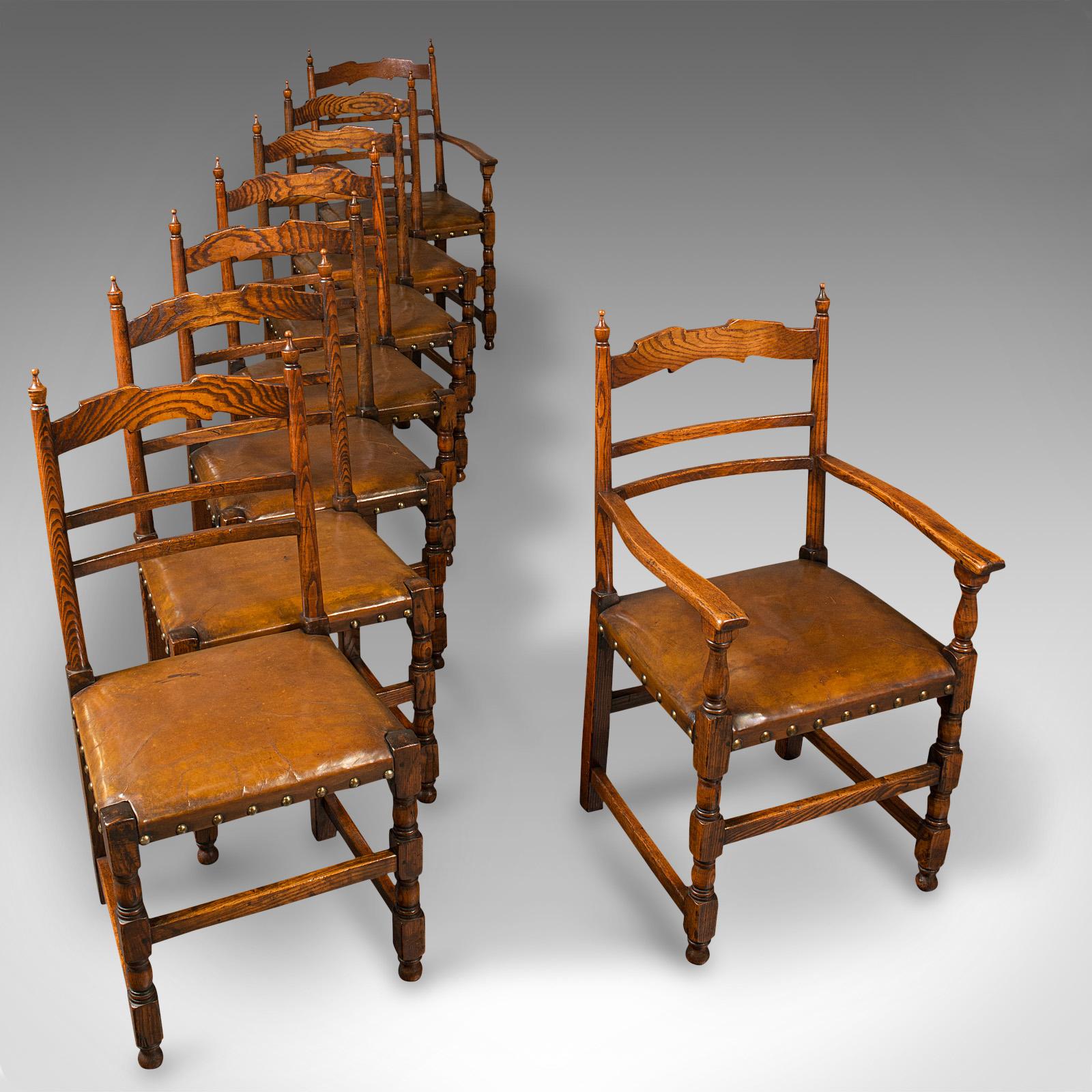 Set of 8 Antique Dining Chairs, English, Oak, Carver, Seat, Edwardian, C.1910 3