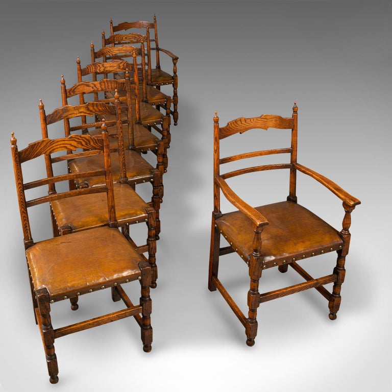 Set of 8 Antique Dining Chairs, English, Oak, Carver, Seat, Edwardian