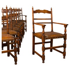 Set of 8 Antique Dining Chairs, English, Oak, Carver, Seat, Edwardian, C.1910