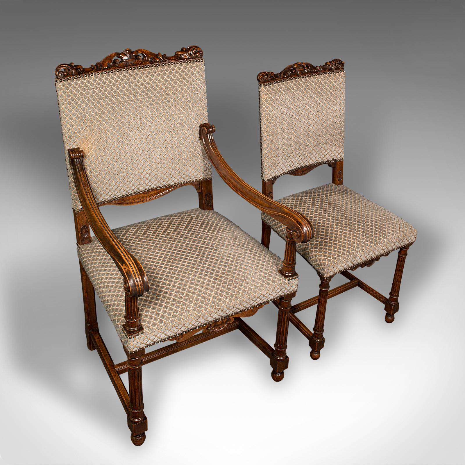 Set of 8 Antique Dining Chairs, English, Walnut, Carver, Seat, Edwardian, c.1910 For Sale 2
