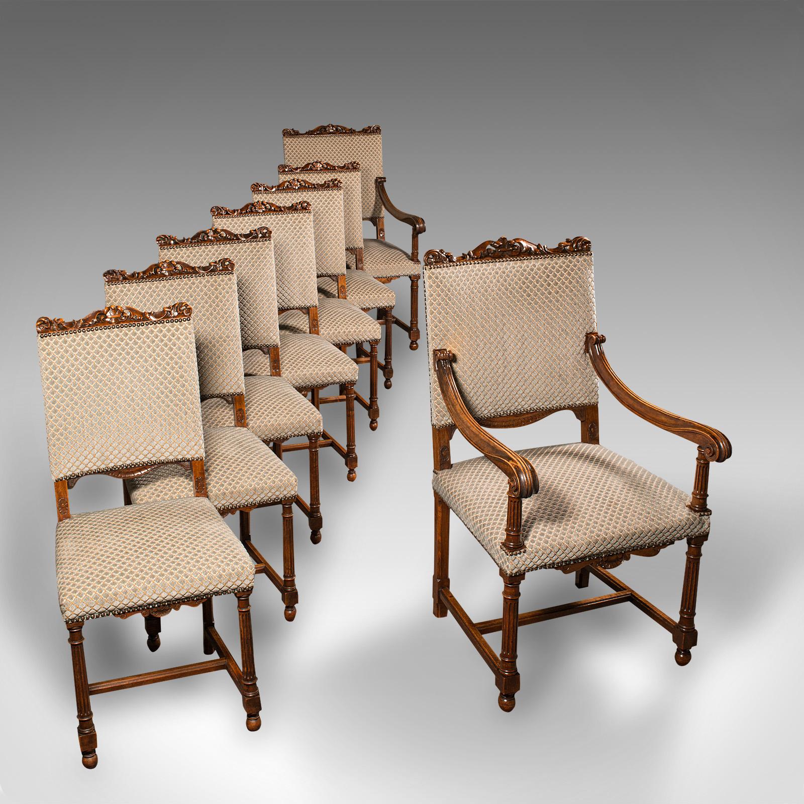 Ensemble de 8 chaises de salle à manger anciennes, anglaises, noyer, sculpture, assise, édouardiennes, vers 1910 en vente 3