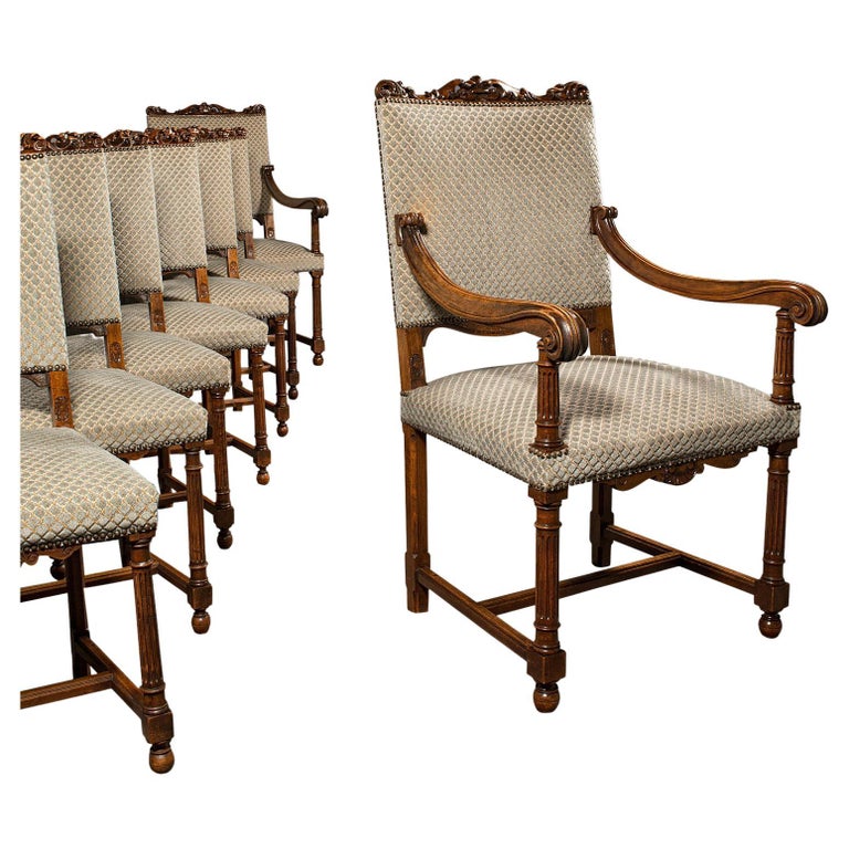 Set of 8 Antique Dining Chairs, English, Walnut, Carver, Seat