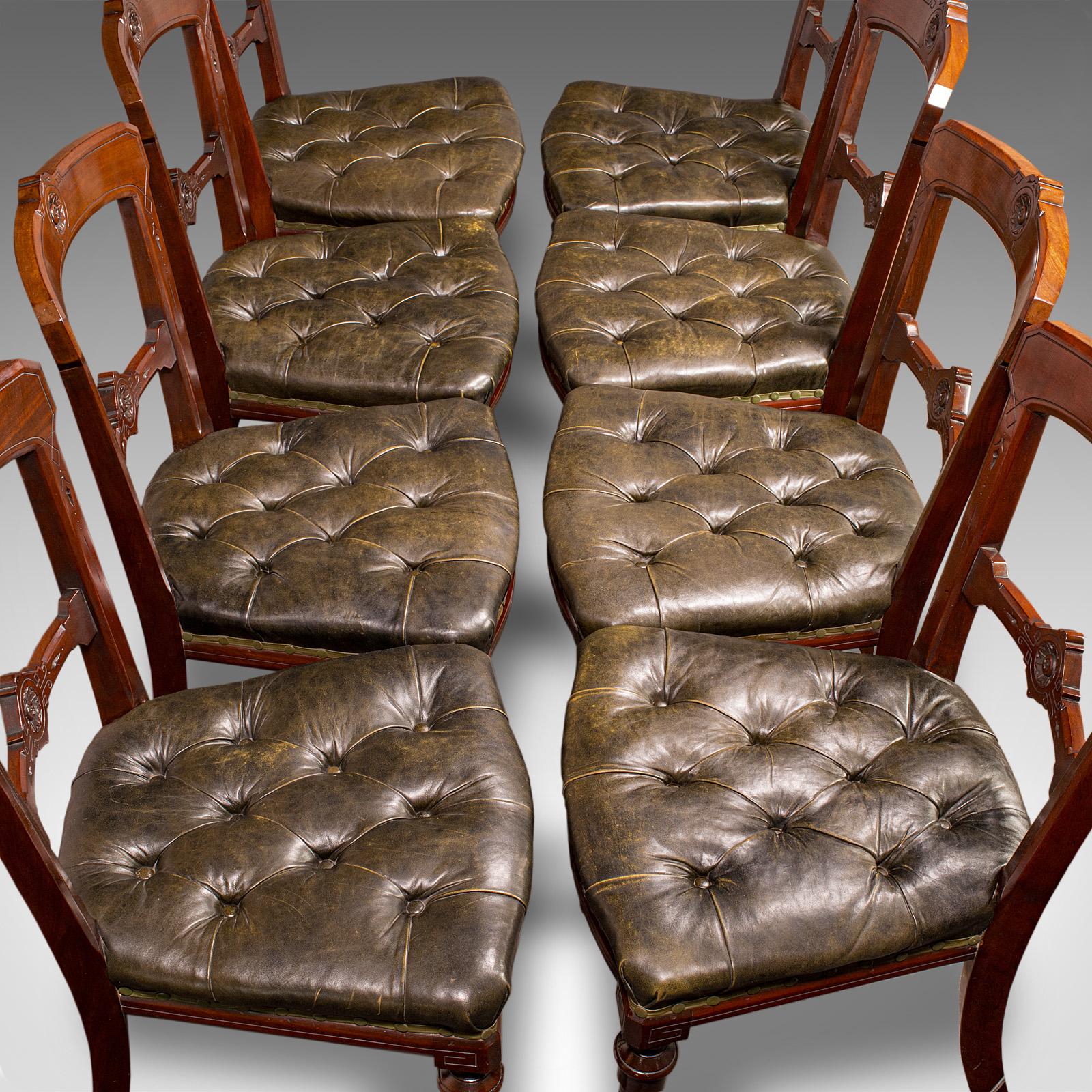 Set of 8 Antique Dining Chairs, English, Walnut, Leather, Victorian, Circa 1870 For Sale 1