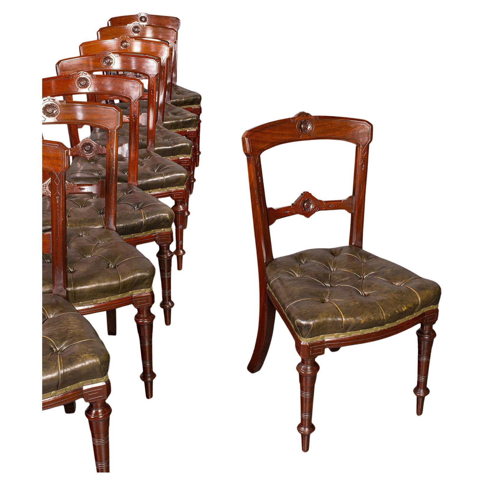 Set of 8 Antique Dining Chairs, English, Walnut, Leather, Victorian, Circa 1870 For Sale