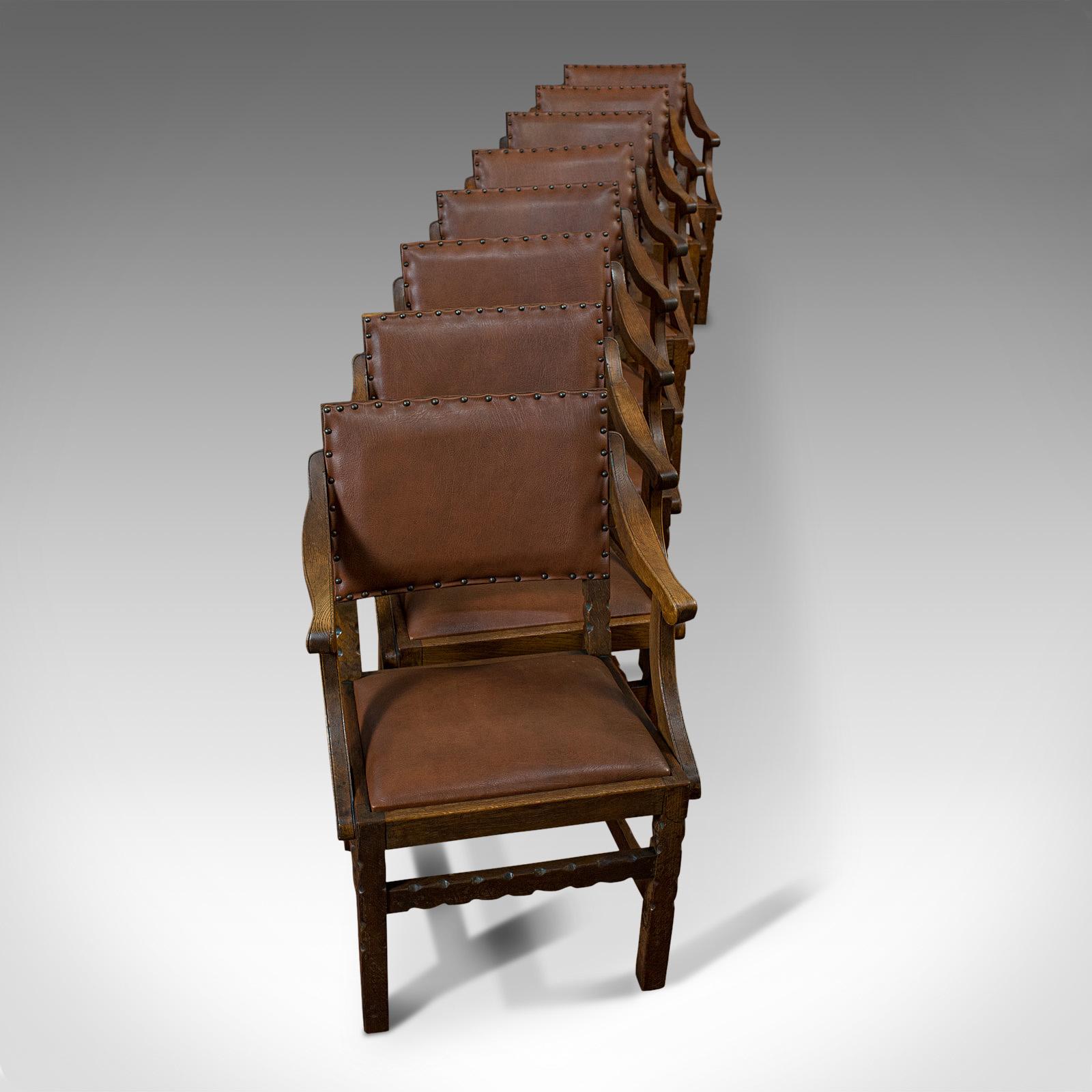 British Set of 8, Antique Dining Chairs, Oak, Seat, Arts & Crafts, Hamptons, Edwardian