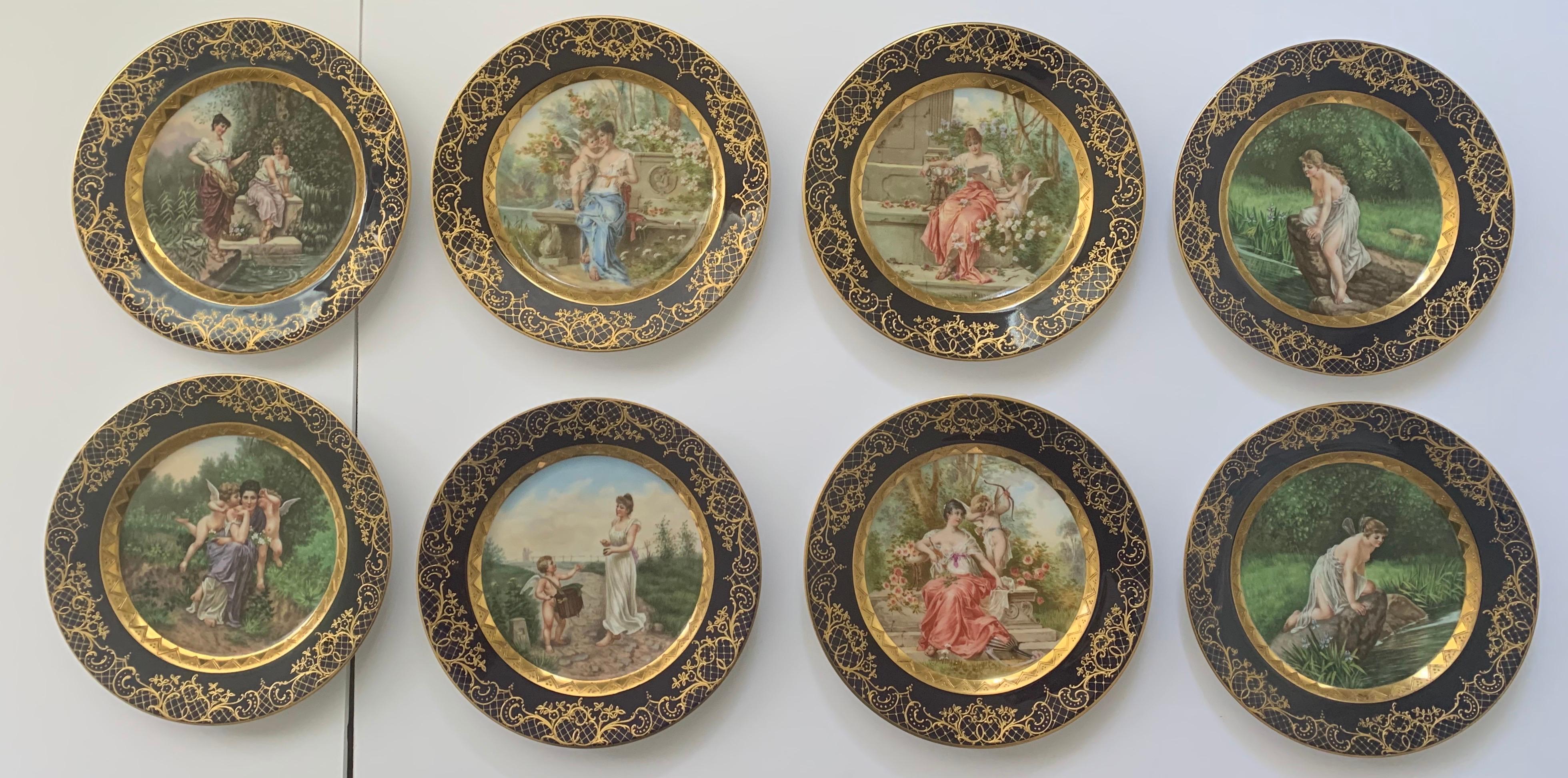 Set of 8 antique Dresden cabinet plates. Each plate features a different hand painted allegorical scene. Each plate has a very dark blue border with gold raised detailing. All plates are signed Dresden on the underside.