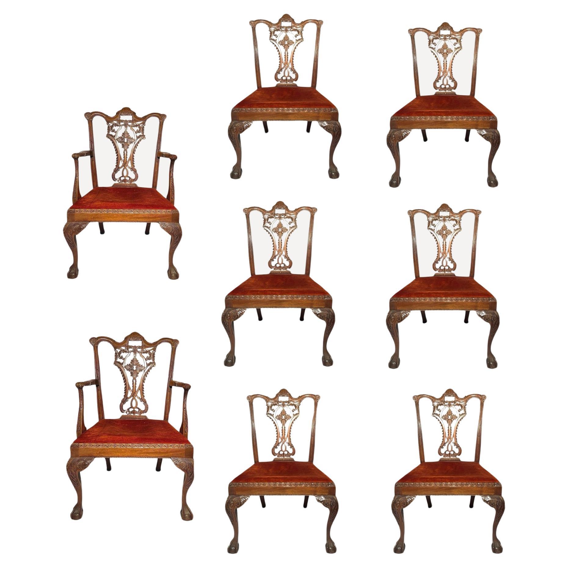 Set of 8 Antique English Carved Mahogany Dining Chairs, Circa 1890's.  For Sale