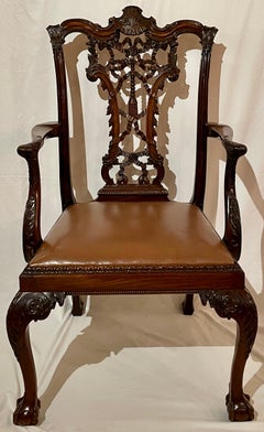 Set of 8 Antique English Chippendale Ribbon Back Mahogany Dining Chairs Ca. 1890