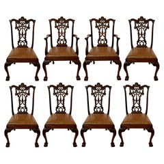 Set of 8 Antique English Chippendale Ribbon Back Mahogany Dining Chairs Ca. 1890