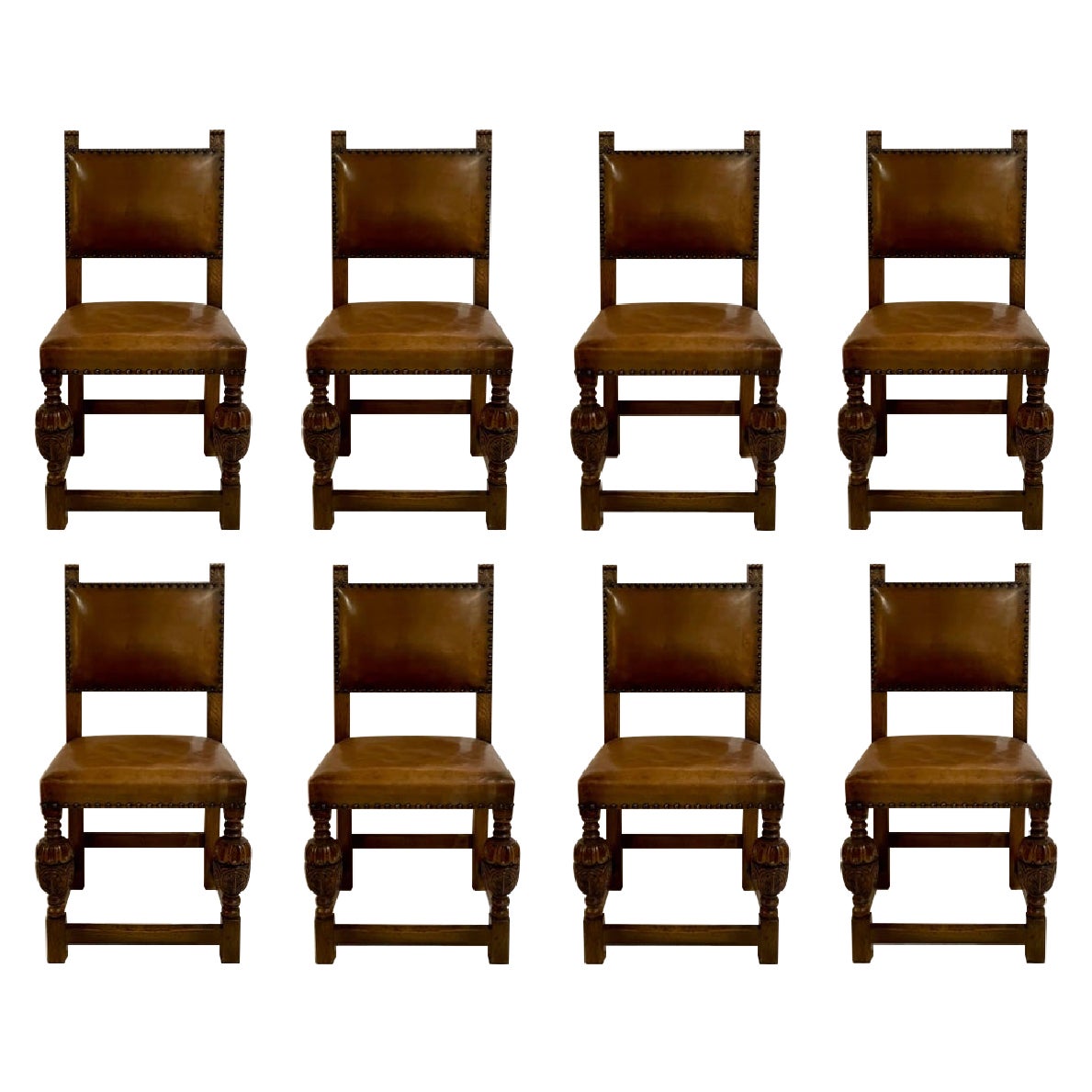 Satz von 8 antiken englischen Lederstühlen im Jacobean-Stil, CIRCA 1890-1910. im Angebot