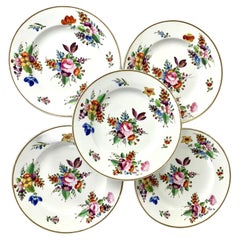 Set di 8 piatti antichi in porcellana inglese con fiori dipinti a mano Circa 1825