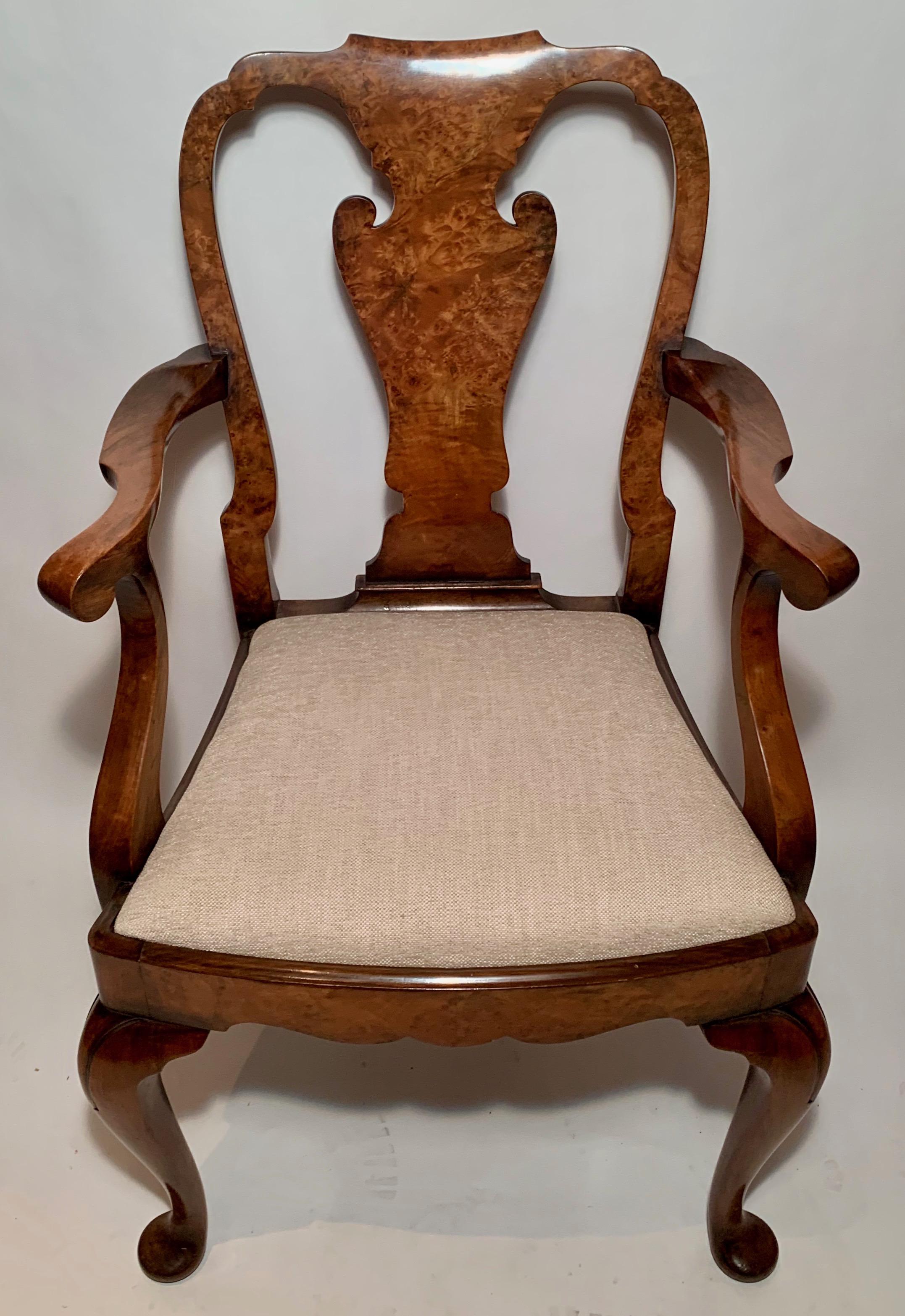 Set of 8 antique English Queen Anne burl walnut dining chairs, circa 1890.

  