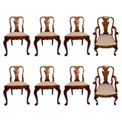 Set of 8 Antique English Queen Anne Burl Walnut Dining Chairs