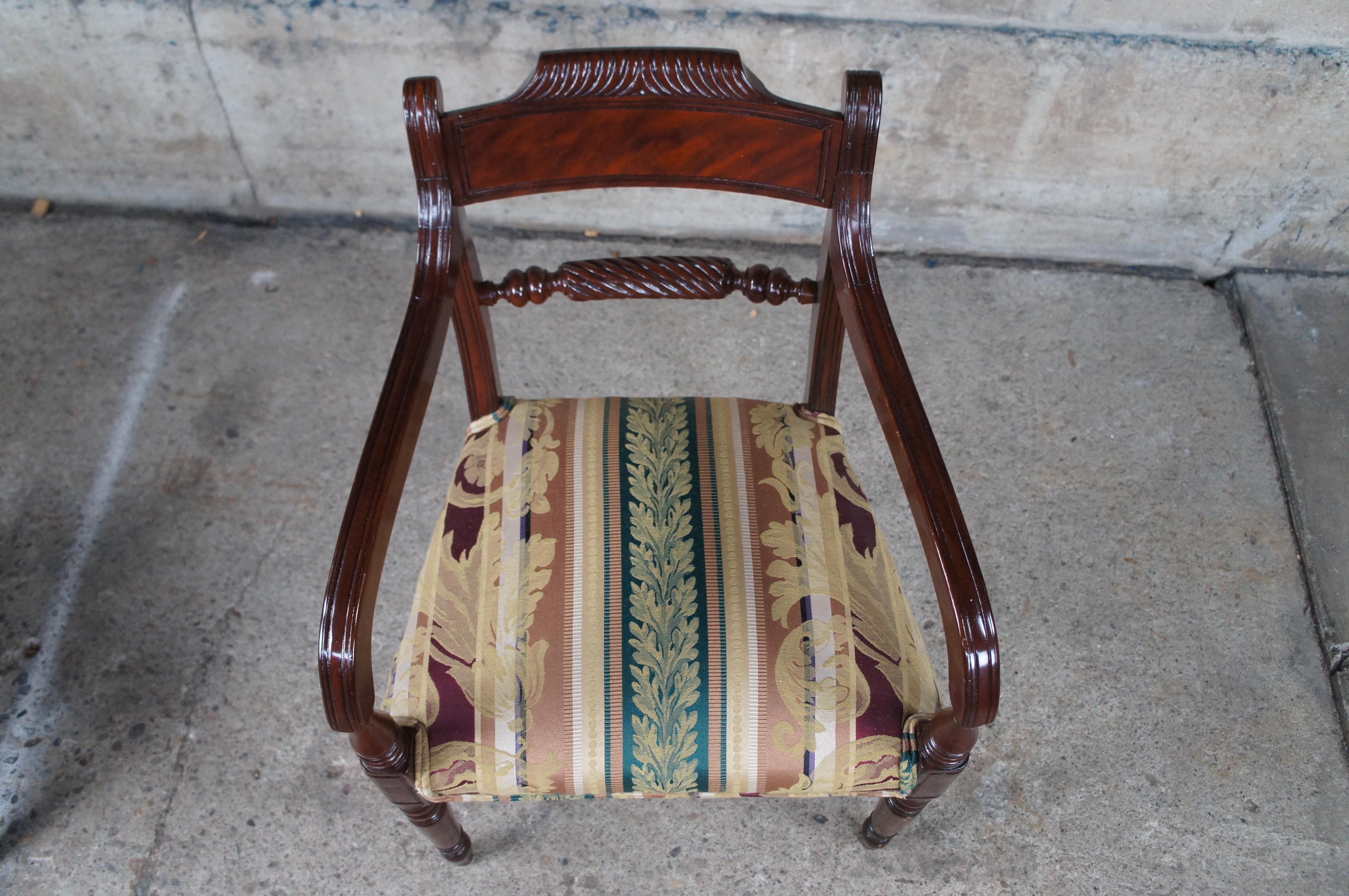 Upholstery Set of 8 Antique English Regency Period Mahogany Carved Klismos Dining Chairs For Sale