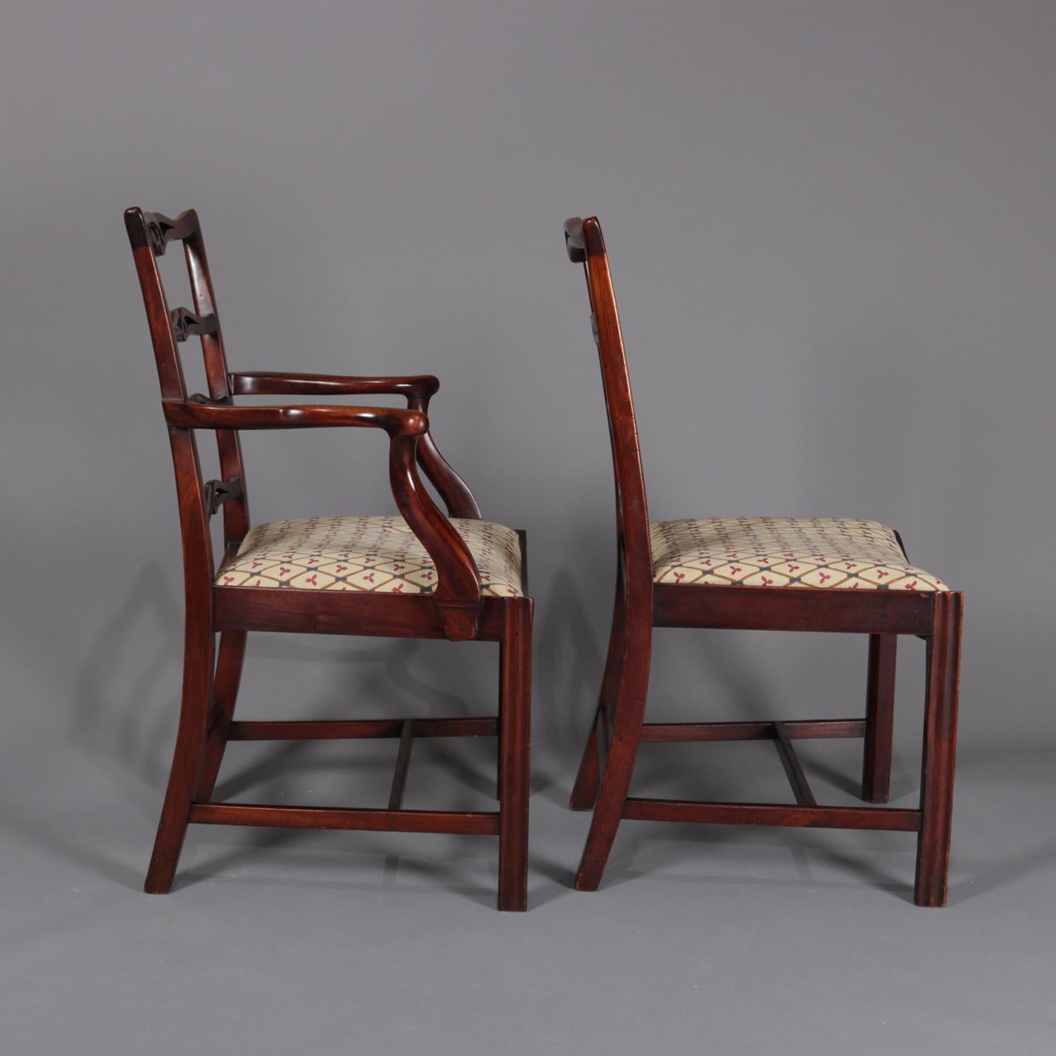 Upholstery Set of 8 Antique Federal Style Mahogany Ribbon Back Dining Chairs, circa 1930