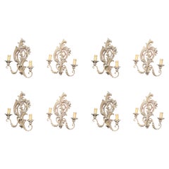 Set Of 8 Antique French Baroque Carved Wood Wall Sconces, Circa 1900.