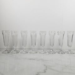 Set of 8 Antique French Hand-Blown Crystal Champagne Flutes with Cut Base