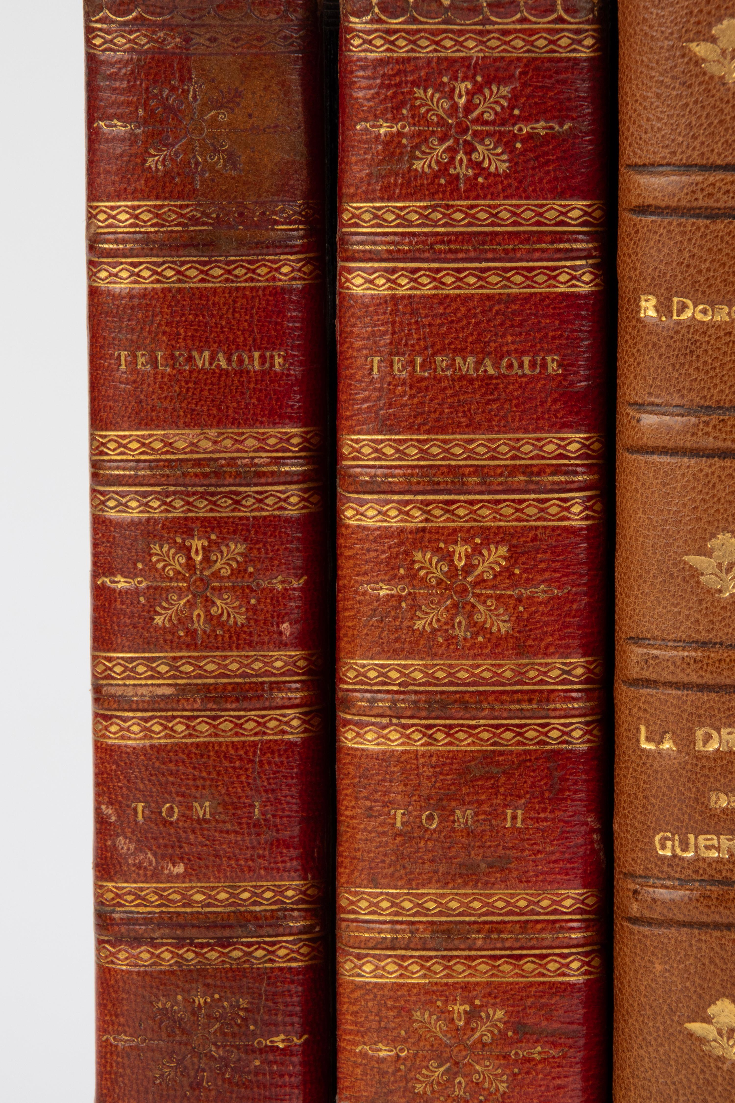 Set of 8 Antique French Leather Binding Books for Decoration For Sale 1
