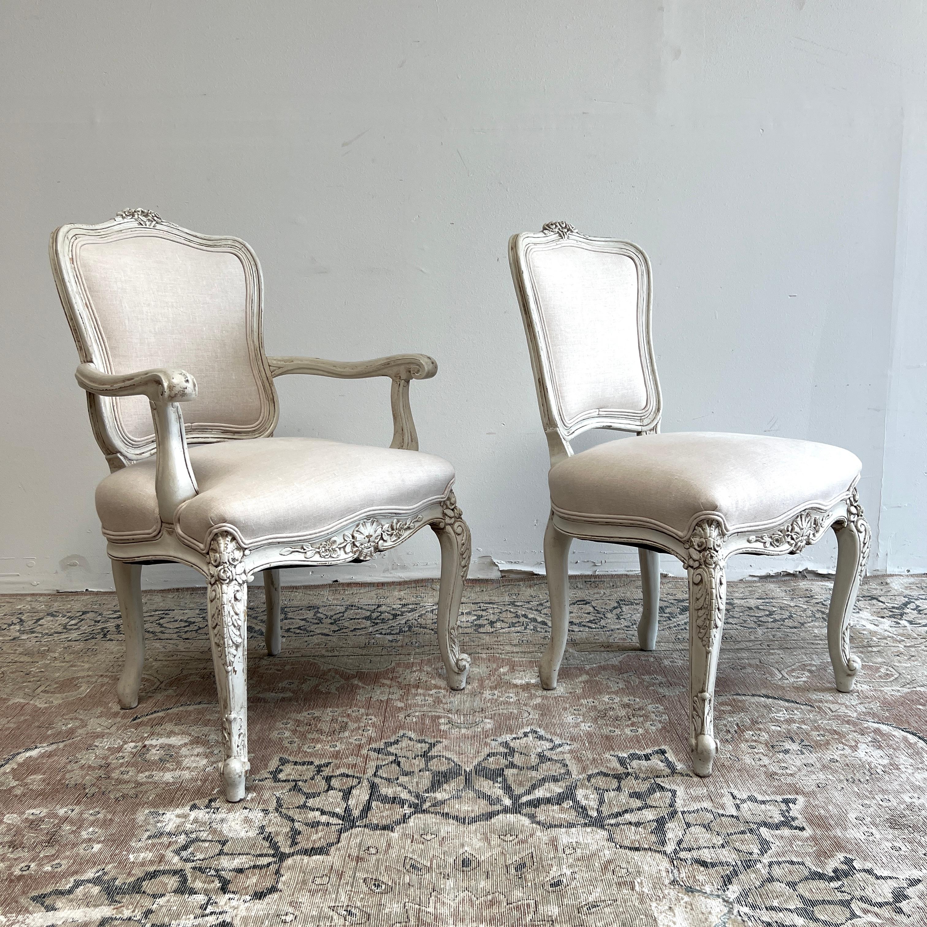 20th Century Set of 8 Antique French Louis XV Style Dining Chairs in Irish Oatmeal Linen