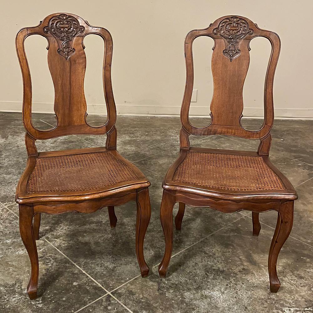 Set of 8 Antique French Louis XV Walnut Dining Chairs with Cane Seats For Sale 1