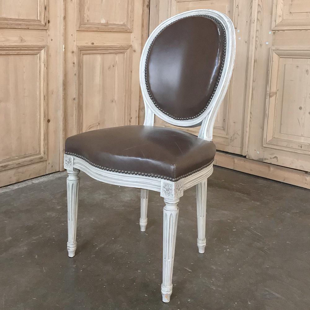 Set of 8 French Louis XVI Painted Dining Chairs and 2 Armchairs with Leather 5