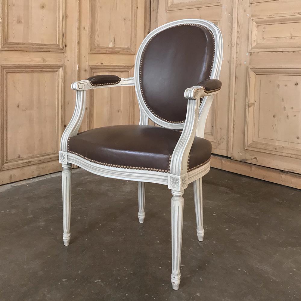 Set of 8 French Louis XVI Painted Dining Chairs and 2 Armchairs with Leather 7