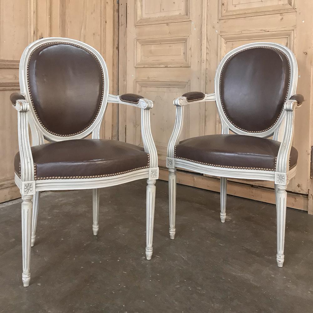 Set of 8 French Louis XVI Painted Dining Chairs and 2 Armchairs with Leather 9