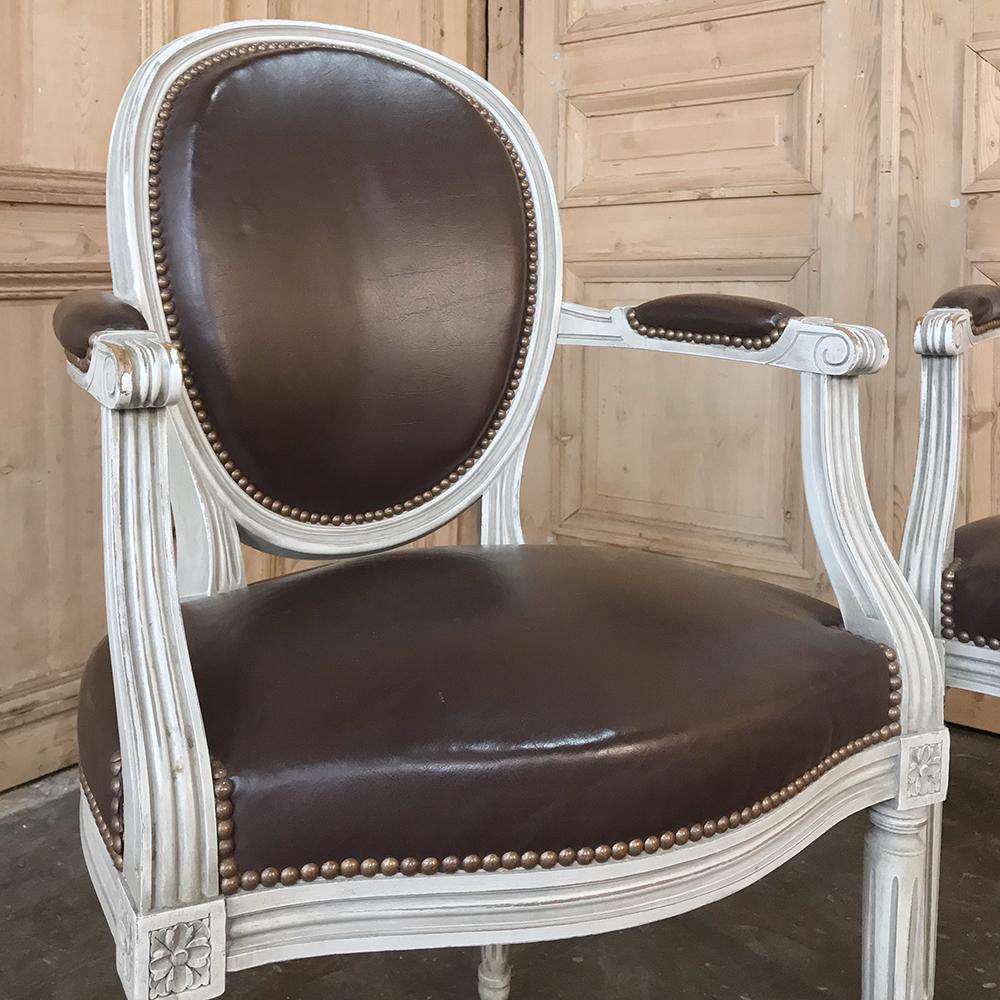 Set of 8 French Louis XVI Painted Dining Chairs and 2 Armchairs with Leather 10