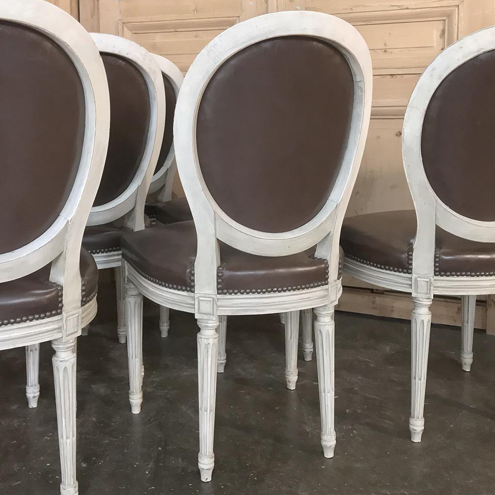Set of 8 French Louis XVI Painted Dining Chairs and 2 Armchairs with Leather 11