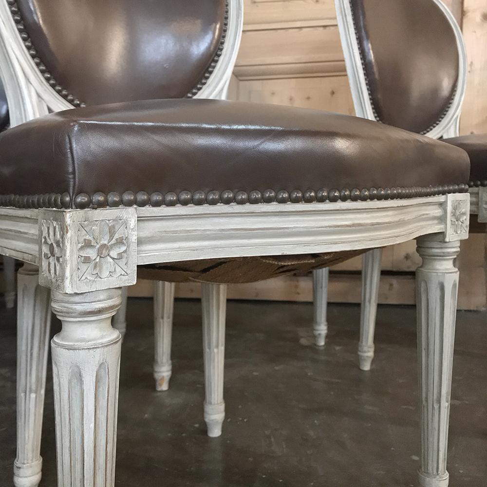 Set of 8 French Louis XVI Painted Dining Chairs and 2 Armchairs with Leather In Good Condition In Dallas, TX