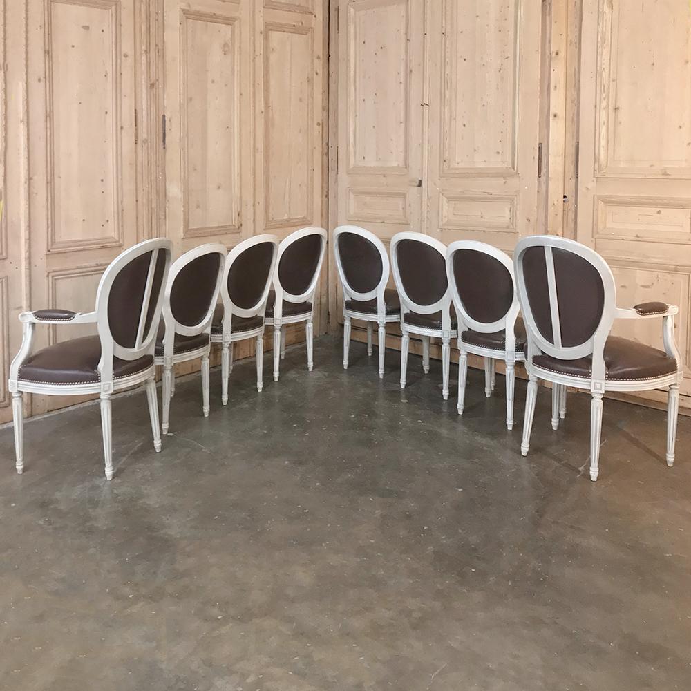 Faux Leather Set of 8 French Louis XVI Painted Dining Chairs and 2 Armchairs with Leather