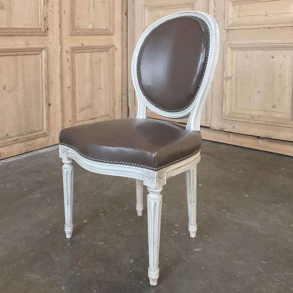 Set of 8 French Louis XVI Painted Dining Chairs and 2 Armchairs with Leather 1